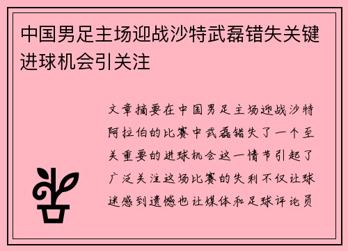 中国男足主场迎战沙特武磊错失关键进球机会引关注