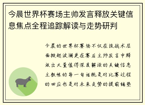 今晨世界杯赛场主帅发言释放关键信息焦点全程追踪解读与走势研判