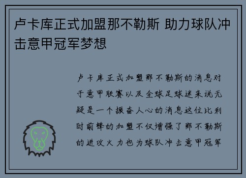 卢卡库正式加盟那不勒斯 助力球队冲击意甲冠军梦想
